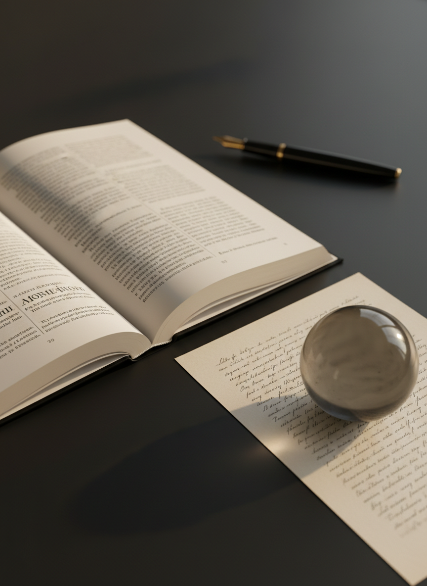 An open novel in elegant Polish typography lies flat on a smooth, matte-black writing table, its cream pages gently curved as if mid-thought. Beside it, a heavy, ink-dark glass paperweight presses a single loose page covered in neat, serif text. A faintly visible fountain pen rests further back, deliberately blurred. Soft morning light filters in from the left, creating a delicate gradient across the paper and subtle shadows between the lines of text. Photographic realism from a slightly elevated angle, with a shallow depth of field emphasizing the open spread. The mood is quiet and introspective, suggesting literature as a space for reflection and shaping ideas.
