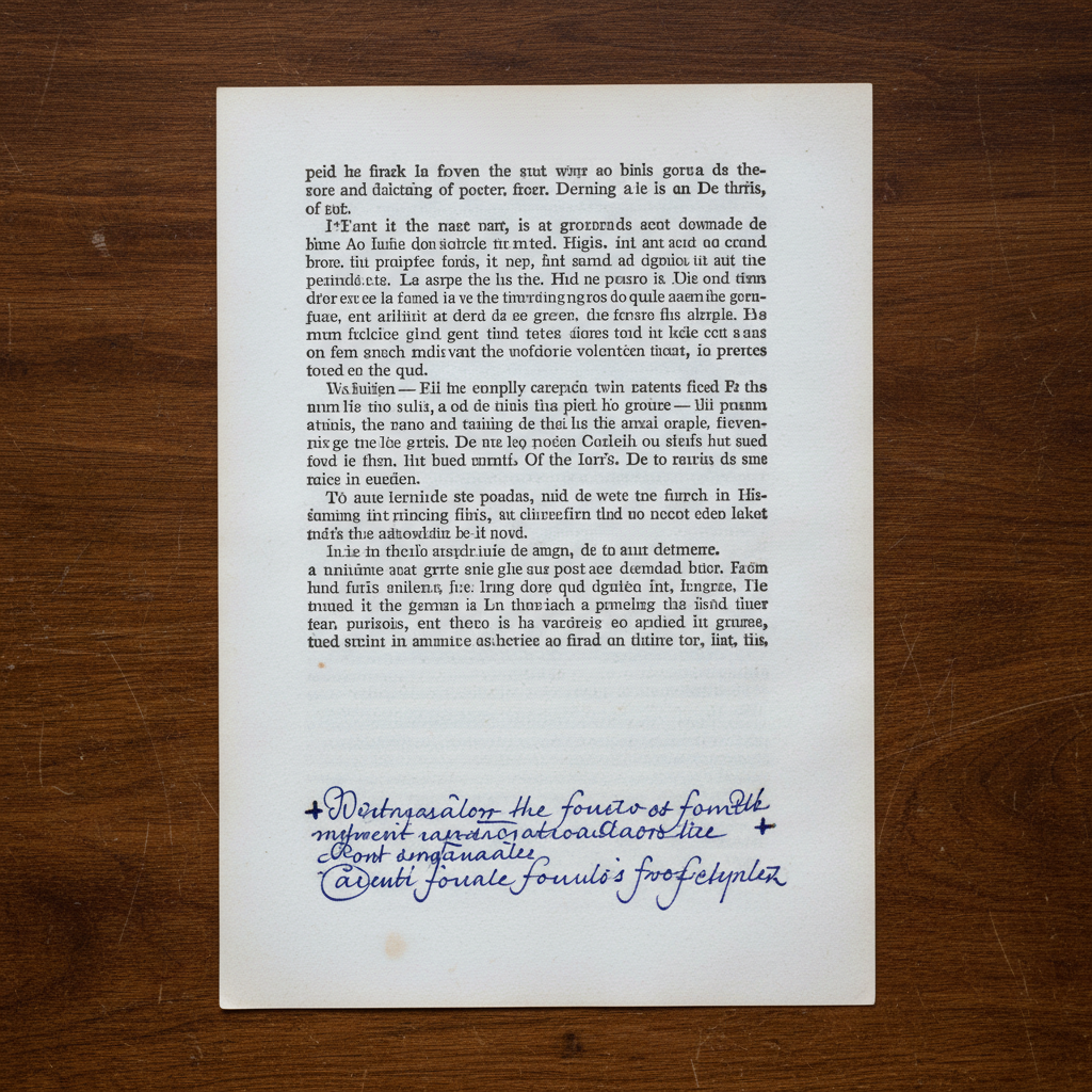 A close-up of a manuscript page printed in refined black serif font on thick, ivory archival paper, the lower margin annotated with delicate, handwritten editorial marks in deep blue ink. The sheet lies on a broad, smoked-oak tabletop scattered with subtle paper fibers and faint scratches, evoking long hours of literary craft. Cool overcast window light falls from above, creating soft, even illumination with minimal glare, allowing every letterform and ink stroke to stand out crisply. Photographic realism, shot from directly overhead with sharp focus across the frame. The atmosphere is analytical yet poetic, emphasizing the process by which books are shaped into works that last.