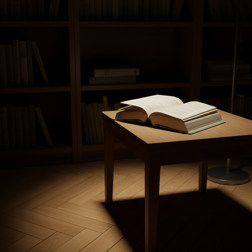 A minimalistic reading nook composed of a low, oak side table supporting a single, well-worn poetry volume, its linen cover in muted gray-blue, edges slightly frayed. The table stands on a herringbone wooden floor in a softly lit corner, with a tall bookshelf disappearing into darkness behind it. A slender floor lamp outside the frame casts warm, focused light onto the book, leaving the rest of the scene in gentle shadow. Photographic realism, captured from a low, oblique angle so the book becomes the quiet focal point. The atmosphere is intimate and sophisticated, evoking the intimacy of words that stay with the reader long after reading.